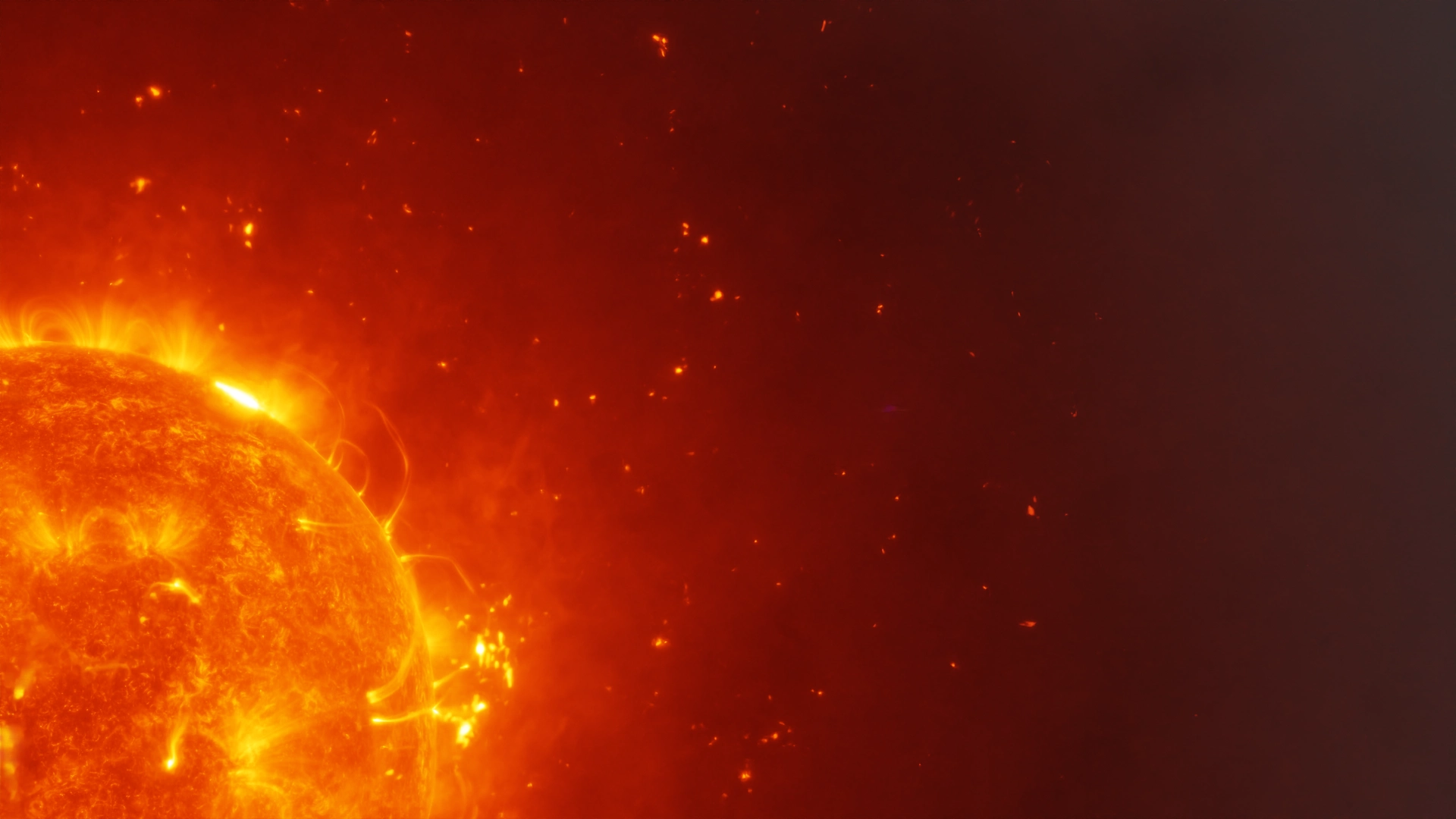 Sun in the bottom left corner covered with solar flares