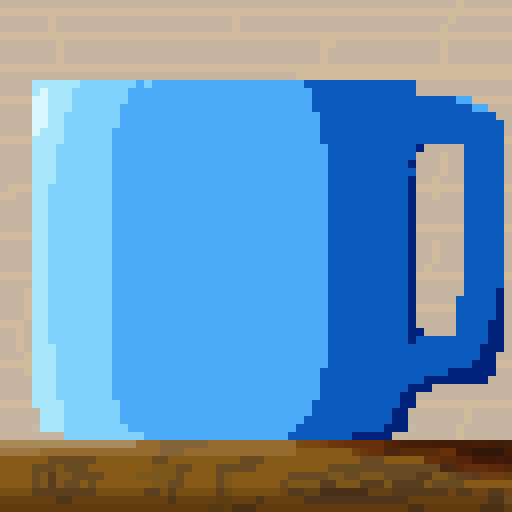 Pixel art of a coffee mug on a wooden platform