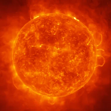 Sun rendering in the center of the image with solar flares and an illuminated atmosphere
